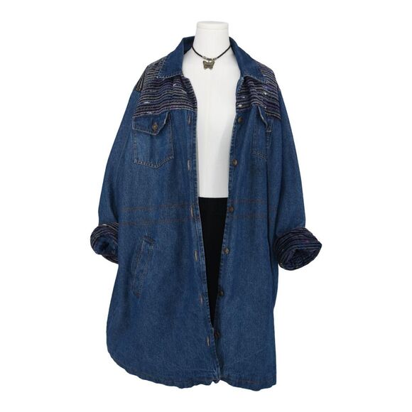 Vintage 90s Oversized Denim Parka Jacket Woven Tapestry Southwestern Boho 3x - Picture 2 of 8